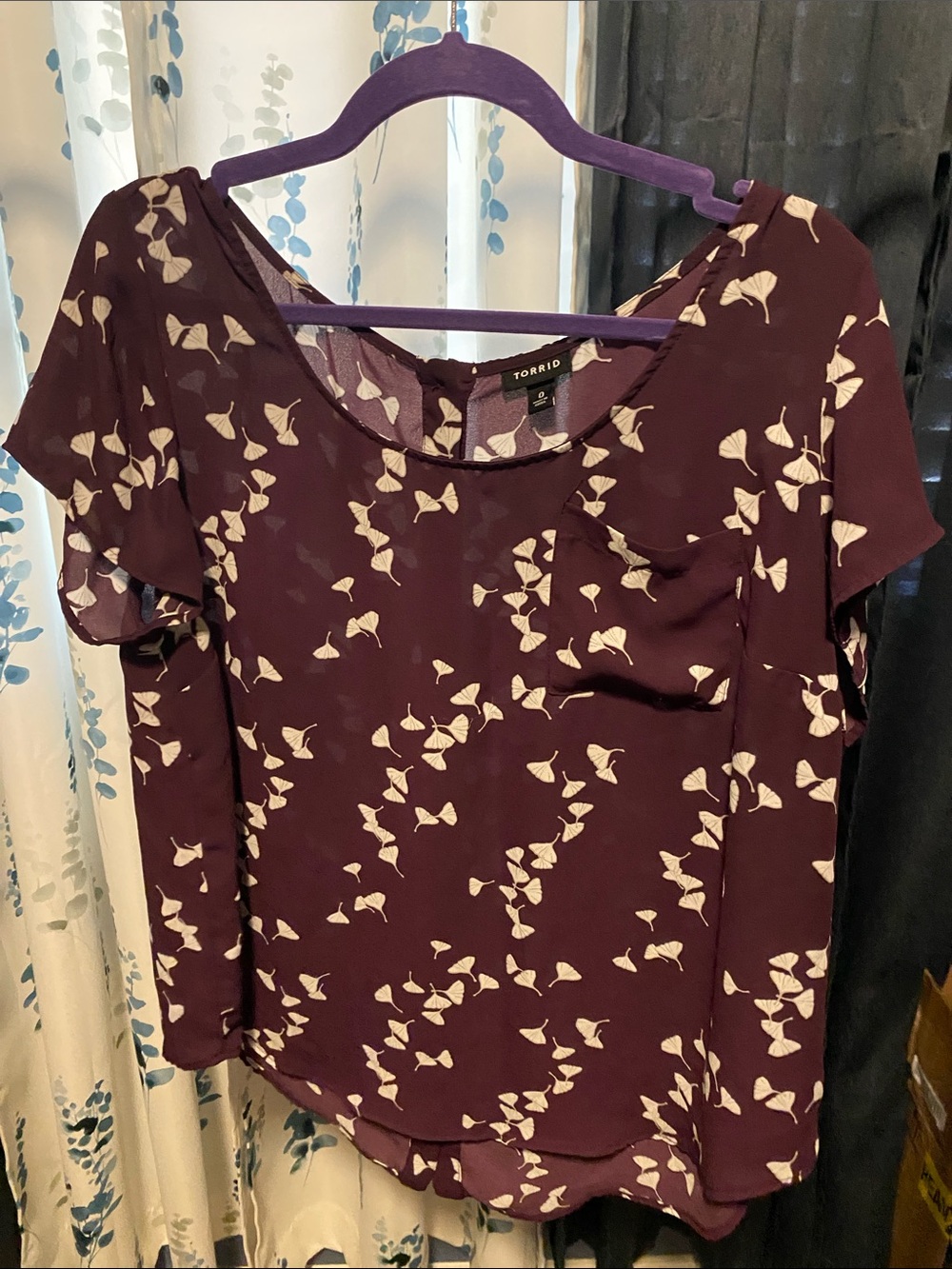 torrid plum blouse with cream floral print